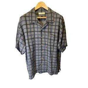 Tommy Bahama Black Charcoal Patterned Mens Silk Button Down Short Sleeved Shirt
